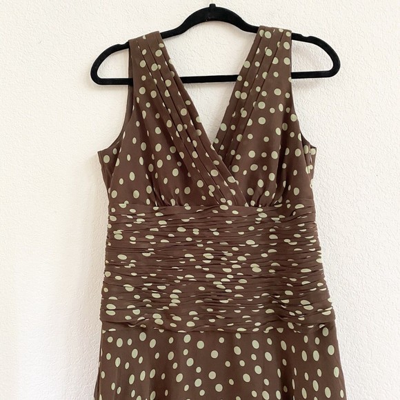 Suzi Chin Womens Size 10 Brown Green Polka Dot Empire Waist Silk Dress - Picture 2 of 16